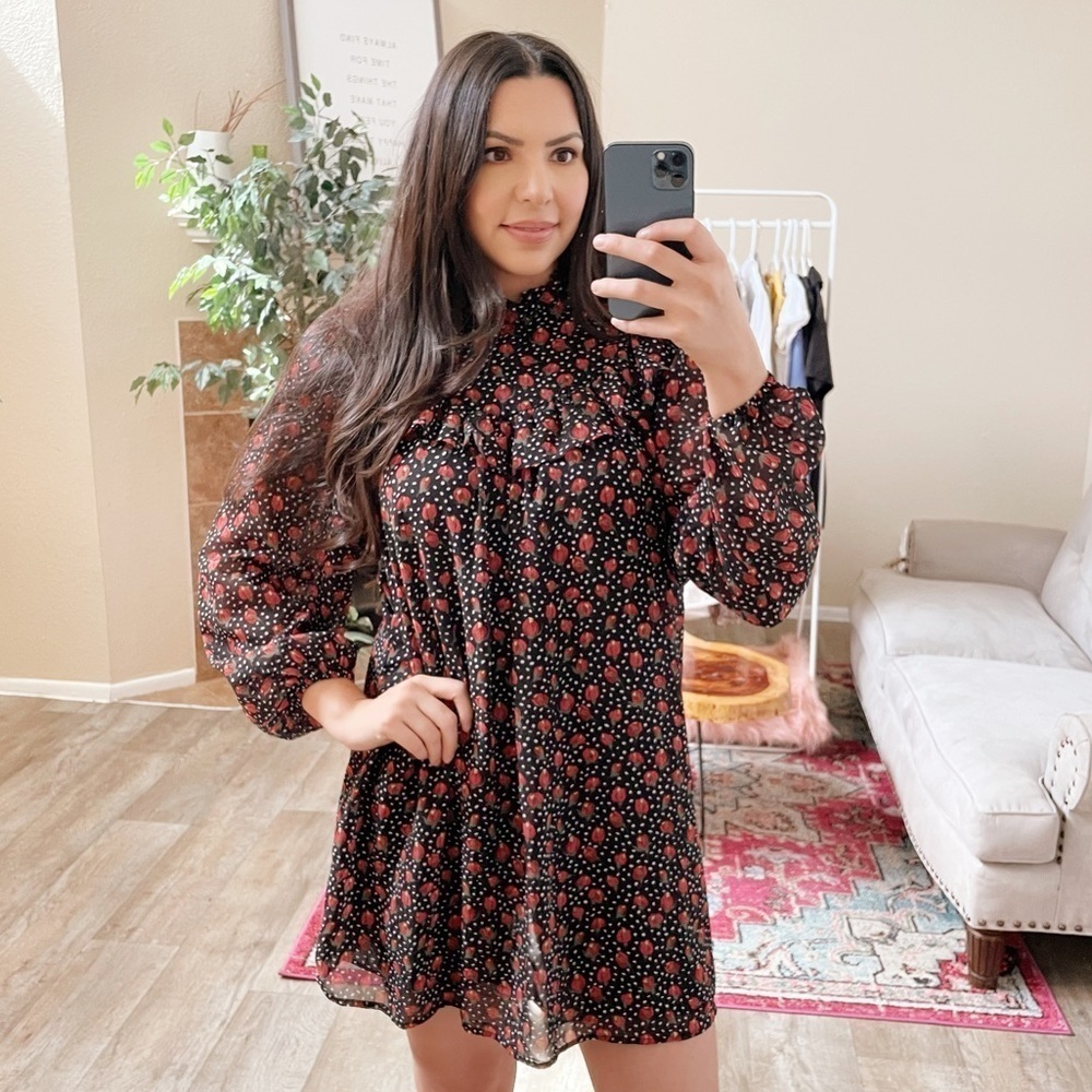 Nasty Gal Smocked Long Sleeve Cherry Print Dress